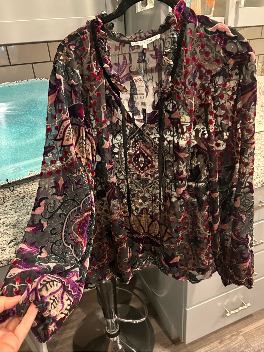 Velvet Paisley Peasant Blouse - Purple Multi